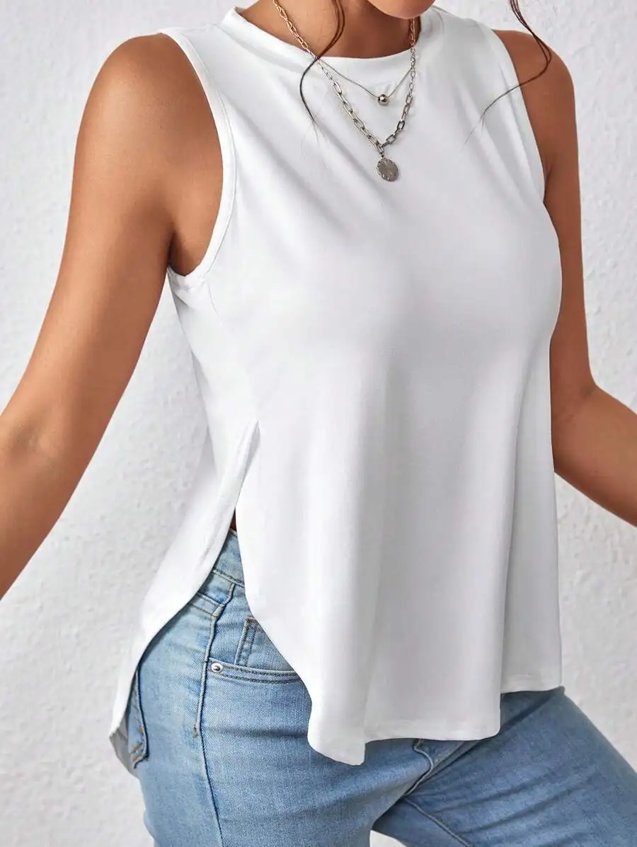 Solid Split Hem Tank Top Women's Casual Sleeveless Top Split Hem Design for Comfortable Fit