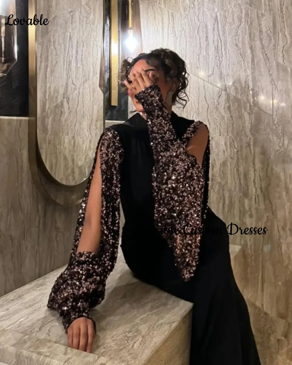 Customized فساتين سهرة A-Line Scoop Neckline Floor-Length Luxury Evening Dresses Ruffle Zipper Up Long Sleeves Dresses For Prom