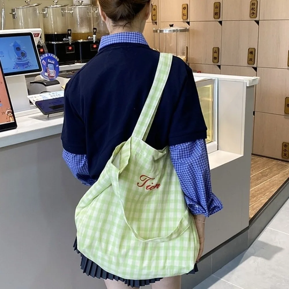 

Casual Letter Plaid Shoulder Bag Candy Color Korean Style Canvas Tote Bag Purse Light Weight Large Capacity Crossbody Bag Girls