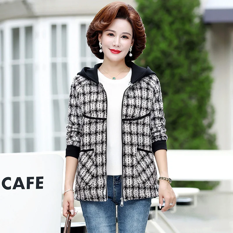 Women's jackets Top Spring autumn 2026 New women Thousand Bird Grid Coat Mid aged Mom's Fashion Casual hooded Outerwear