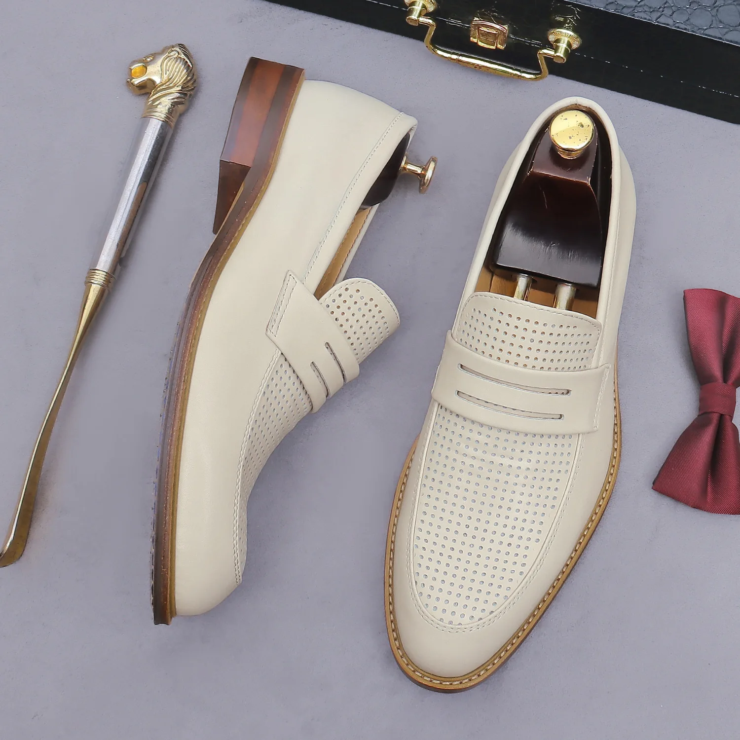YETTIES Men's Business Casual Hollow-Out Leather Loafers | Breathable Slip-On Dress Shoes | British Korean Style Punched Oxfords