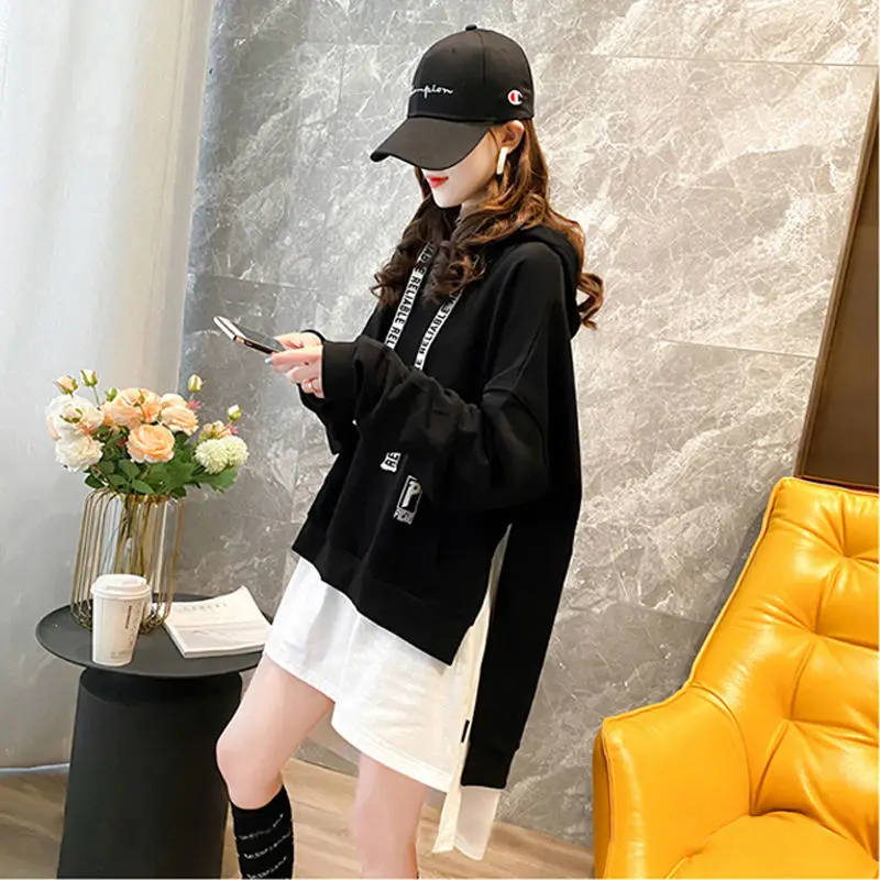 Spring Autumn New Irregular Patchwork T Shirt Tops Long Sleeve Hooded Letter Printing Pullovers Fashion Casual Women Clothing