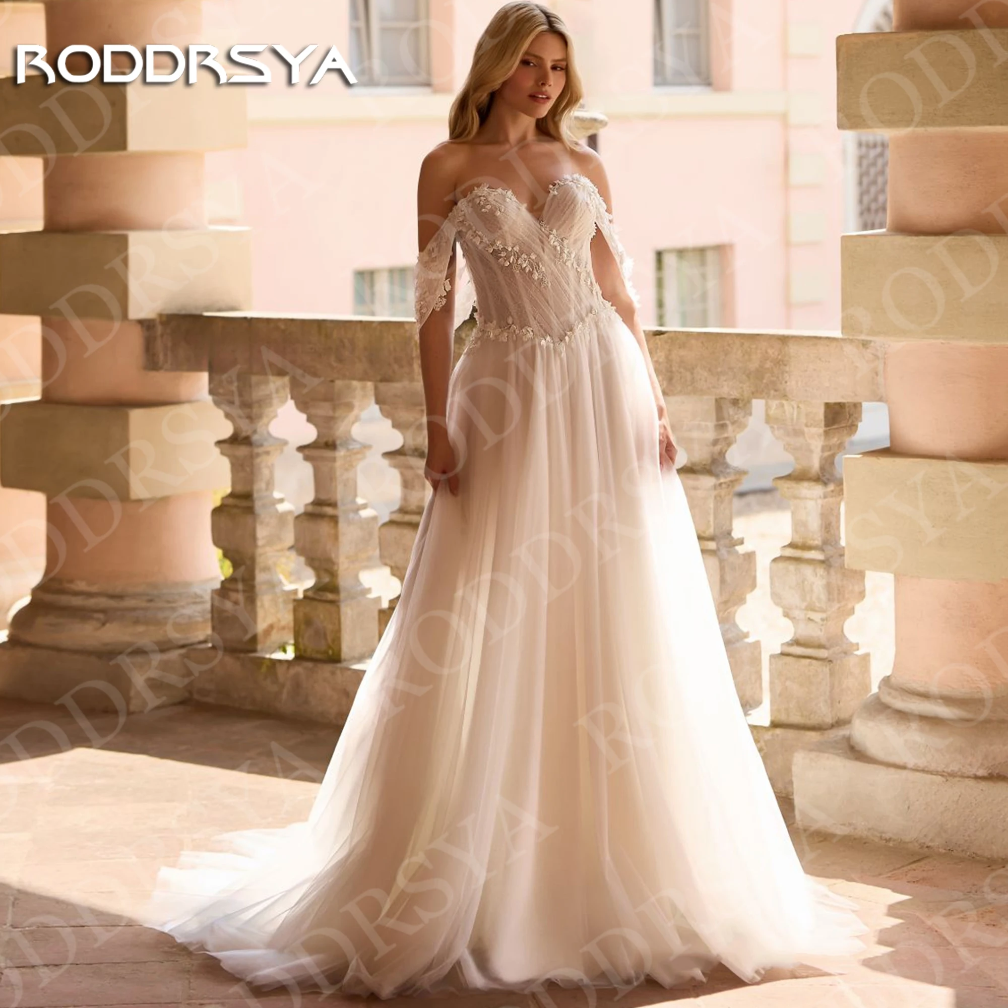 

RODDRSYA Elegant Off Shoulder Wedding Dress A Line Boho Lace Appliques Tulle Sweetheart Bridal Dresses Customized robe de mariee