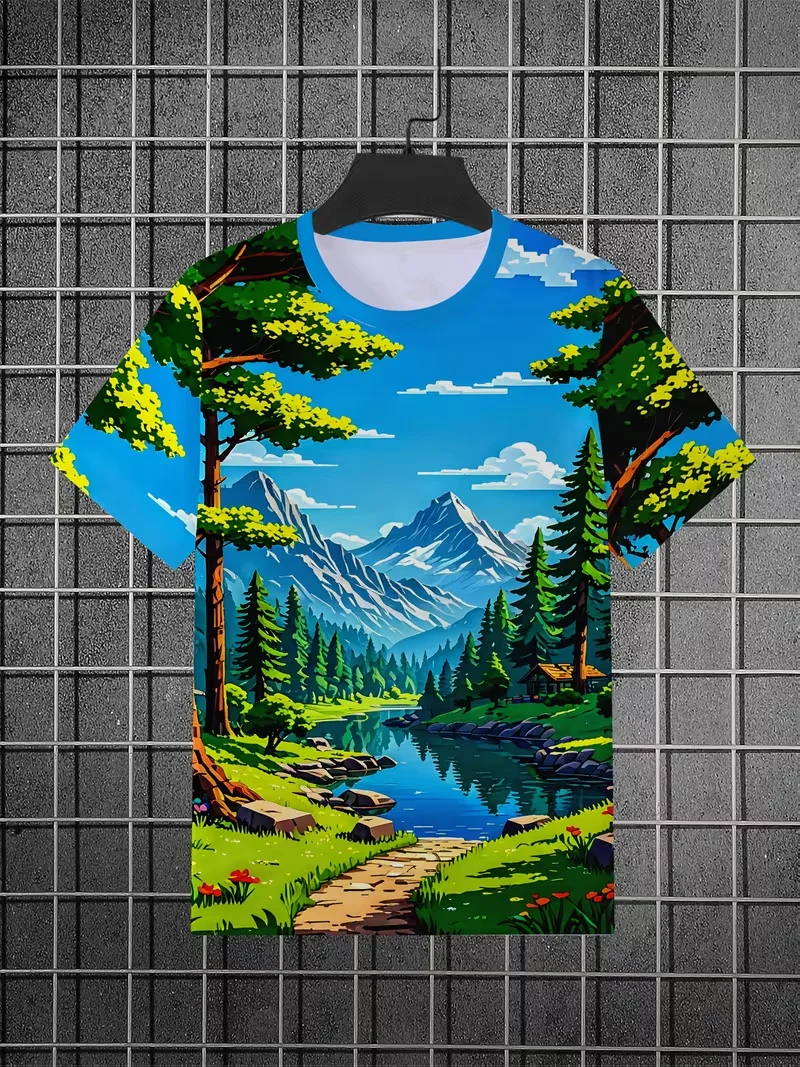 Adult and Children Cartoon Mountain, Water, and Forest 3D Printed T-Shirt, Nature Healing Casual Sports Short Sleeve