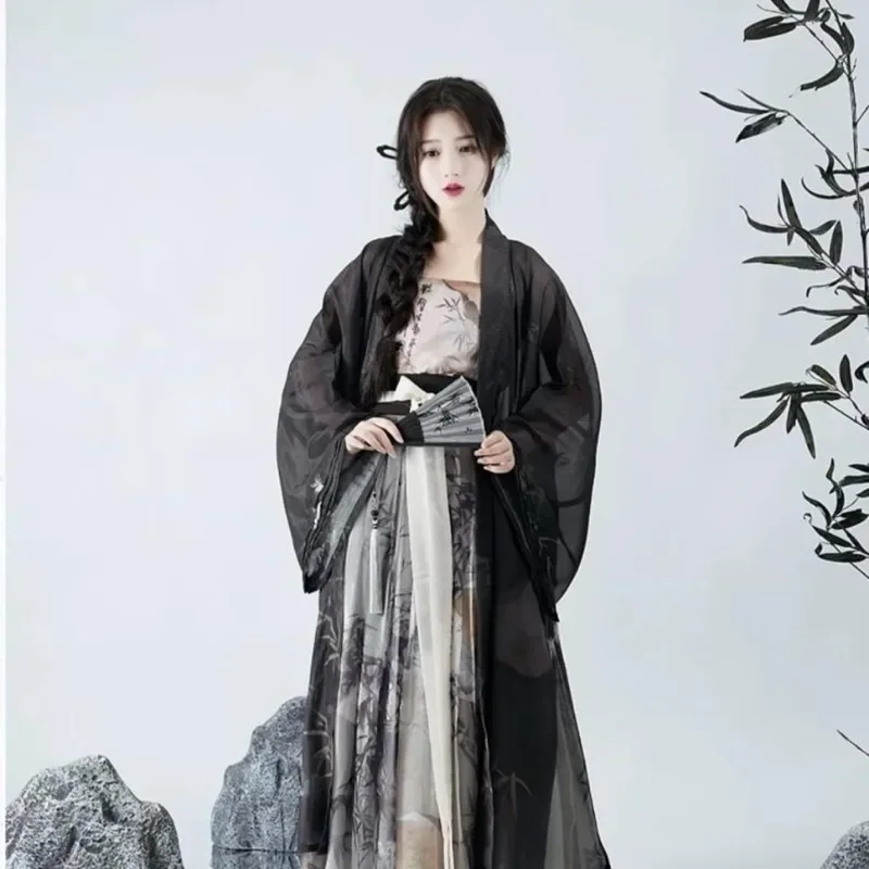 

Song Dynasty Chinese Traditional Hanfu Dress Women Ink Style Black Bamboo Print Robe Sling Skirt 3pcs Hanfu Dresses for Prom