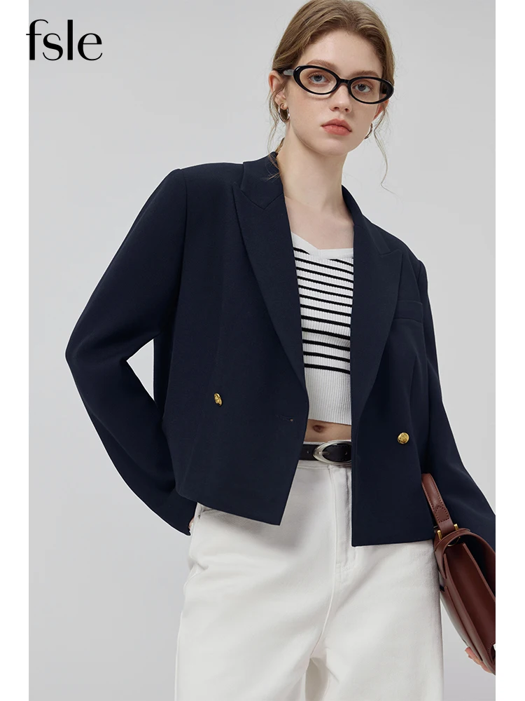 FSLE Peaked Lapel Women Cropped Black Blazers College Style Navy Blue Double Breasted Female Suits 2023 Office Lady Twill Blazer