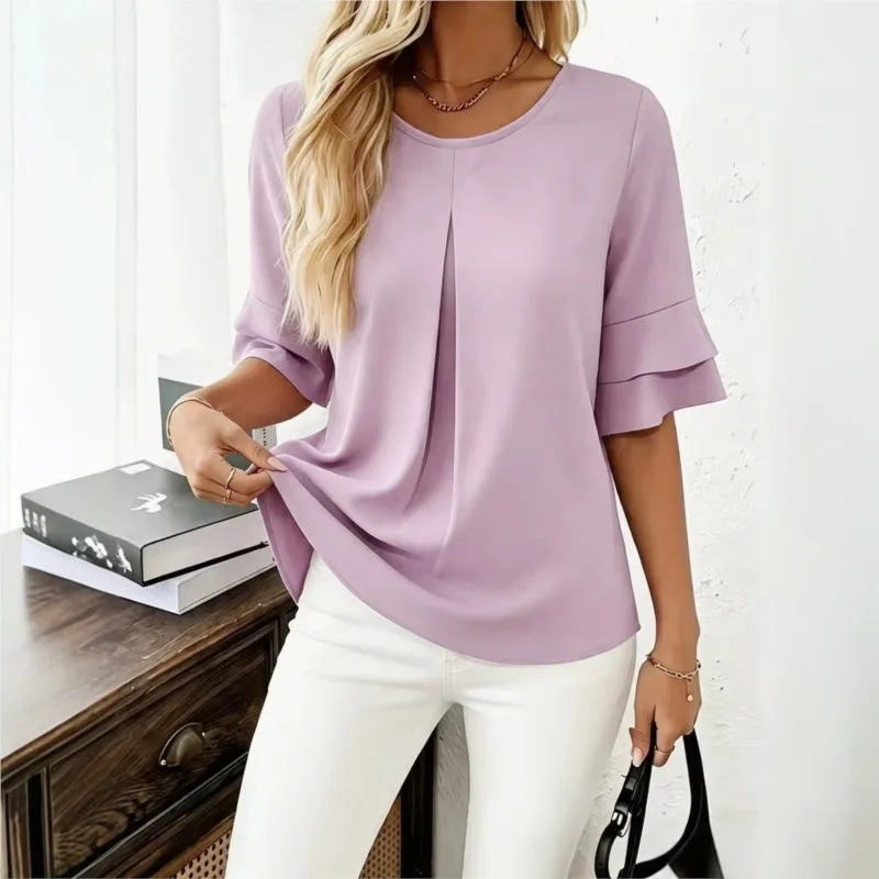 Women's Loose Summer Chiffon Shirt Top Short Sleeve Blouse Ruffle Sleeve Loose Fit Casual Solid Top Summer Fashion Office Wear