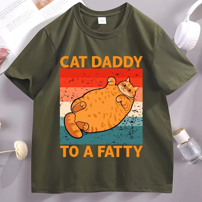 Cat Daddy To A Fatty Funny T-Shirt Fathers Cat Lover Tee Retro Cotton Short Sleeve T-shirt Streetwear Round Neck Breathable Top