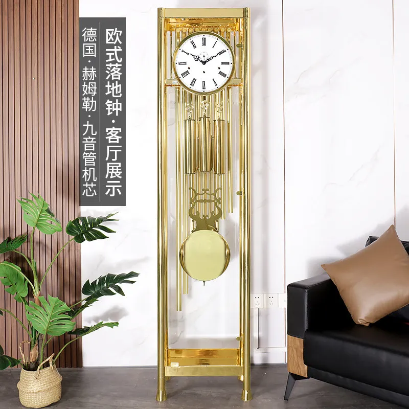 Modern simple nine-tone tube floor-to-ceiling brass pendulum clock, light luxury living room, fashionable mechanical
