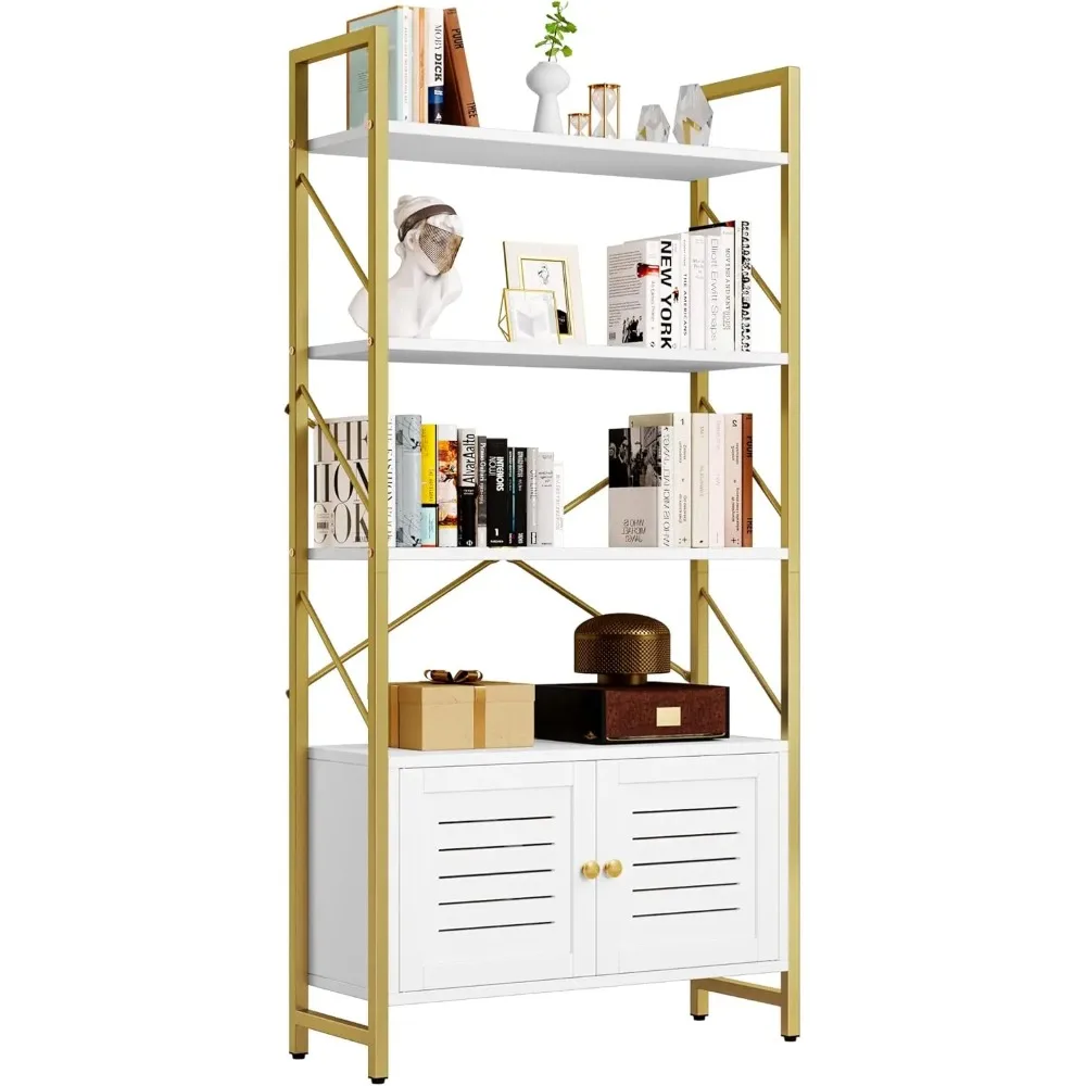 

Five-layer Bookcase with Storage Space, Tall Bookcase with Doors, Bookshelf Vertical Display Rack with Cabinets, White and Gold