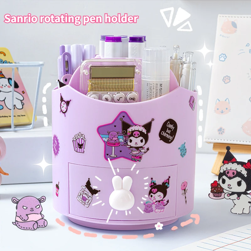 sanrio kuromi desktop pen holder para meninas rotacao de 360 grande capacidade papelaria caixa de armazenamento kawaii stikers cinnamoroll organizador 01