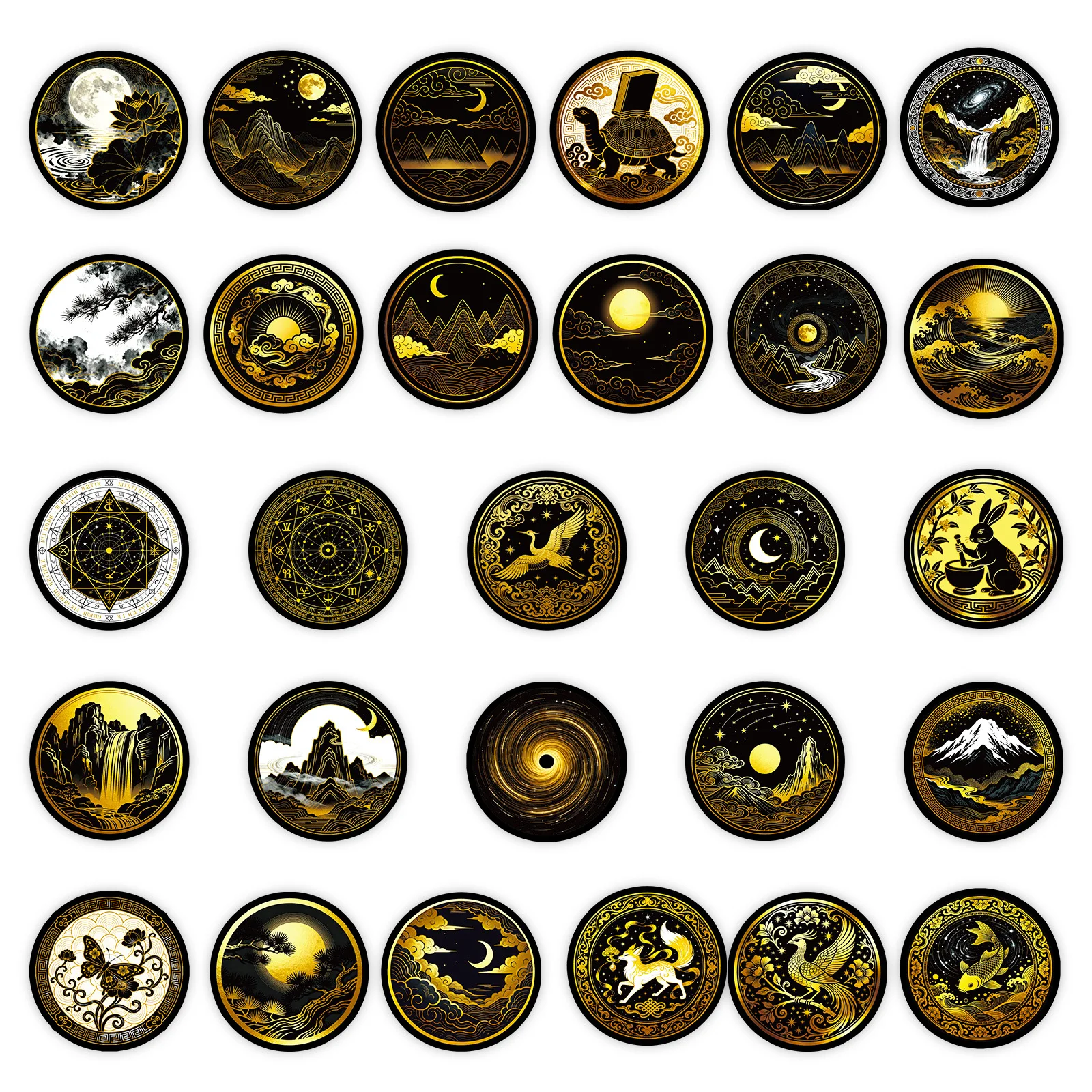 10/30/56 szt. Nowe czarno-złote naklejki z motywem niebiańskim, kreskówkowymi graffiti, okrągłe, z czarnymi krawędziami, kreatywne, personalizowane naklejki dekoracyjne ‌