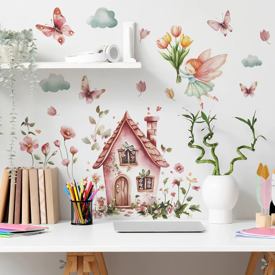 Cartoon dream little house, flower bedroom, living room, home background, beautification and decoration, wall stickers