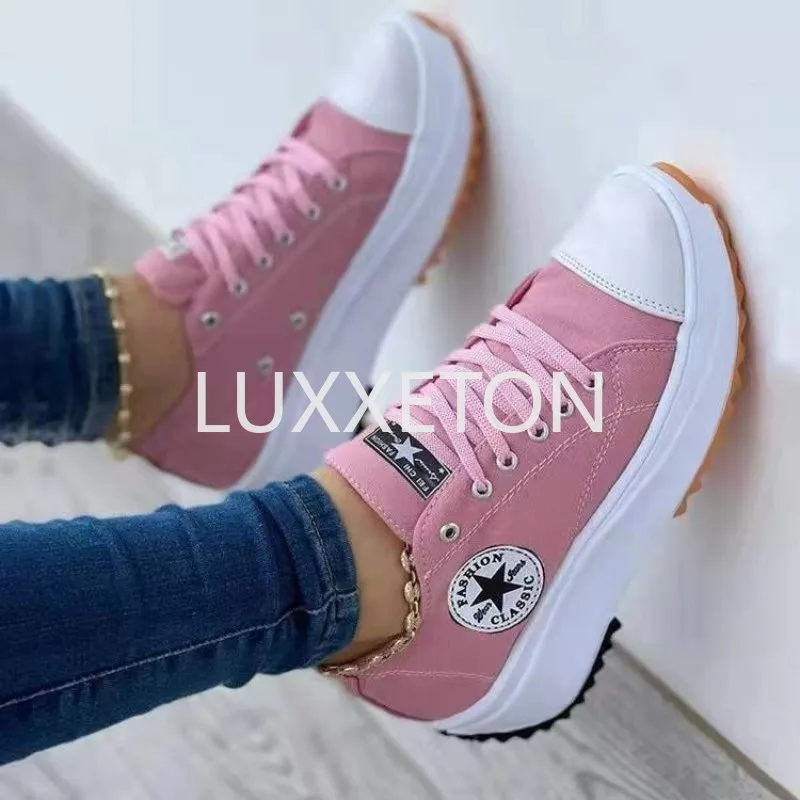 Women Canvas Flat Shoes Spring and Autumn New Fashion Casual Plus Size 43 Women Thick Soled Lace Up Tennis Red Sneakers