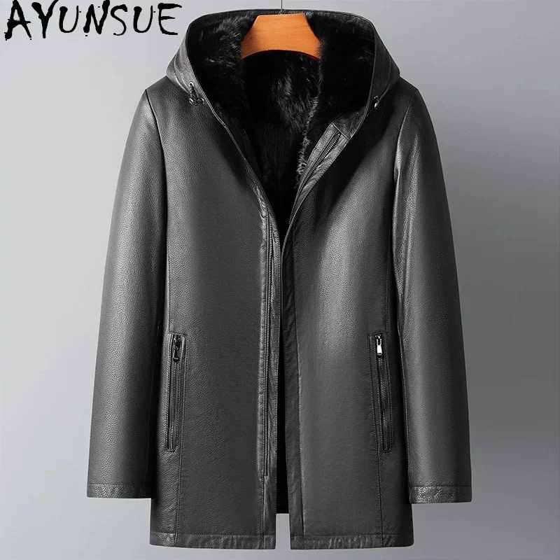 AYUNSUE Top Layer Cowhide Real Leather Jacket Men Winter Clothes Fashion Warm Mink Fur Liner Coat Streetwear 2026 Куртка Мужская