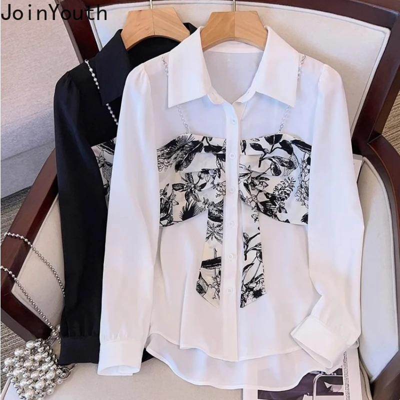 Fake Two Women Shirts 2024 Camisas De Mujer Long Sleeve Patchwork Print Blouses Beading Fashion Korean Blouse Tops Female 27y433