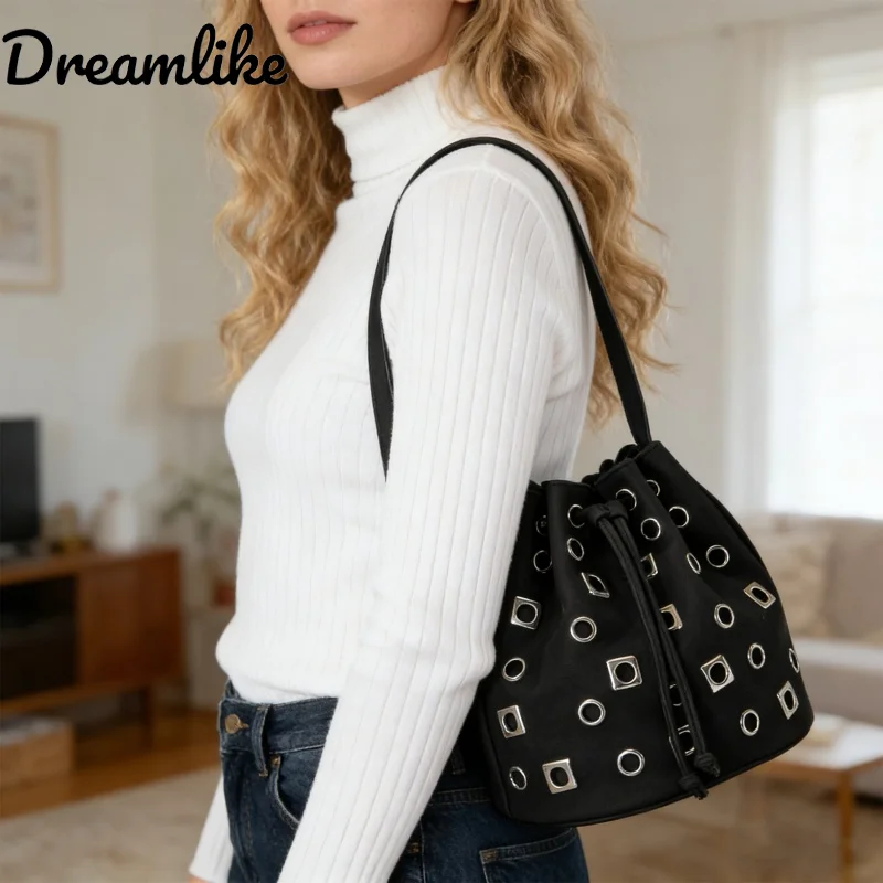 

Women's Rivet Bag Light Luxury High-quality Leather Street Cool Commuting Versatile Bucket Shoulder Handbag Fashion Shoulder Bag