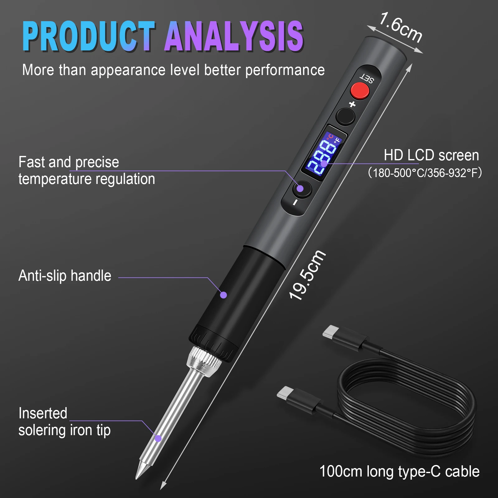 NEWACALOX  LCD Soldering Iron Kit 65W Type-C Fast Heat Soldering Pen Adjustable Temperature 180-500℃/356-932℉ Welding Tools