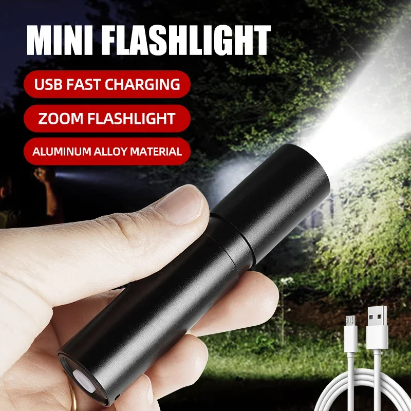 Mini Telescopic Zoom Flashlight 3 Light Mode Torch USB Rechargable Waterproof Powerful Flashlights Outdoor Portable Torch Lamp 