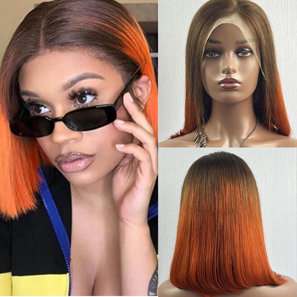 

T4 350 Omber Bob Wig Human Hair Ginger Brazilian Straight Lace Front Bob Wigs 180% Density Short Human Hair Bob