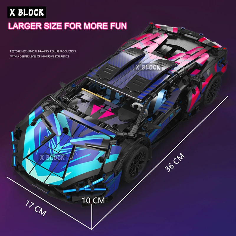 Technical 1:14 Black Purple Sport Car Building Blocks Assemble Racing VehicleF Toys Birthday Gift For Kid Boy