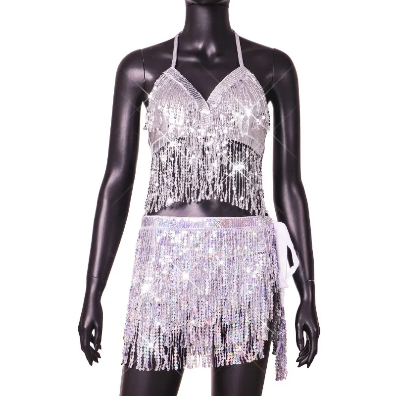 Sexy Rhinestone Strap Patchwork Women's Half Skirt Set Indian Dance Waist Scarves  Halloween Party Performance Sequin Costume
