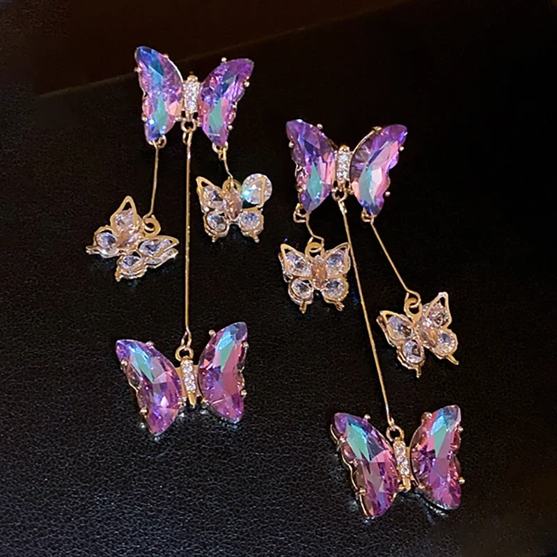 Pendientes de borla de mariposa de circón para mujer, pendientes de gota púrpura de temperamento de lujo, joyería de fiesta brillante, nueva moda