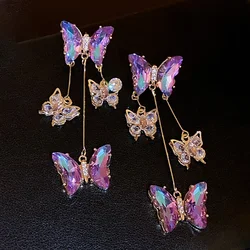 Zircon Butterfly Tassel Earrings for Women New Fashion Luxury Temperament Purple Drop Earrings Sparkle Party Jewely