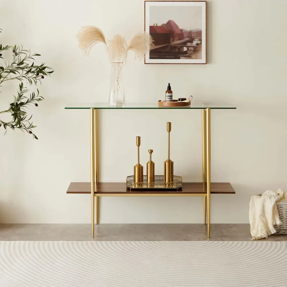 Mid-Century Modern 2-Tier Glass Top Sofa Table with Walnut Finish for Living Room, Foyer, and Entrance