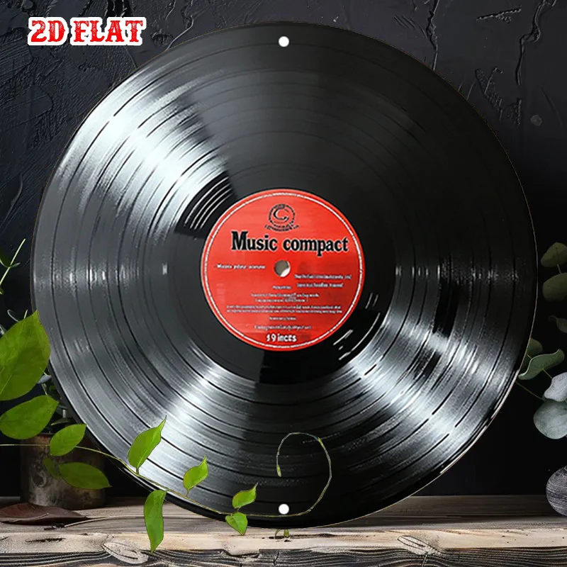 2D Flat, Music Compact Round , Vinyl Look Metal,  Red Label Metal Wall Decor, Wall Decor Signs for Home, Garage, Dining Room
