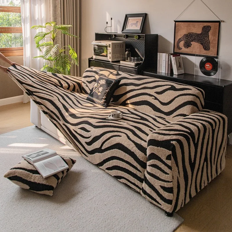 Zebra Patterned Jacquard Plush Sofa Cover Stretch Warm Couch Slider with Elastic Band Removable Anti Slip Dust Cover for Sofa