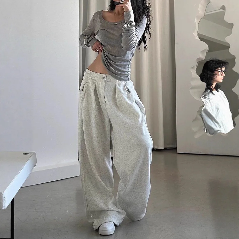 

American Korean retro sweatpants sweatpants women's autumn lazy drape trousers loose wide-leg hiphop casual trousers