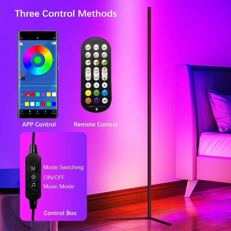 Minimalist RGB Corner Floor Lamp LED Multi-Color Ambient Standing Lamp Music Rhythm Mode Unique Gift for Bedroom Gaming Room Dec