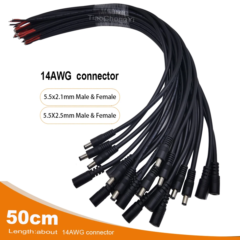 14AWG DC connector Power socket Cable Plug Wire 50cm Male & Female 15A 5.5x2.1mm 2.5mm For LED light Strip CCTV Cameras