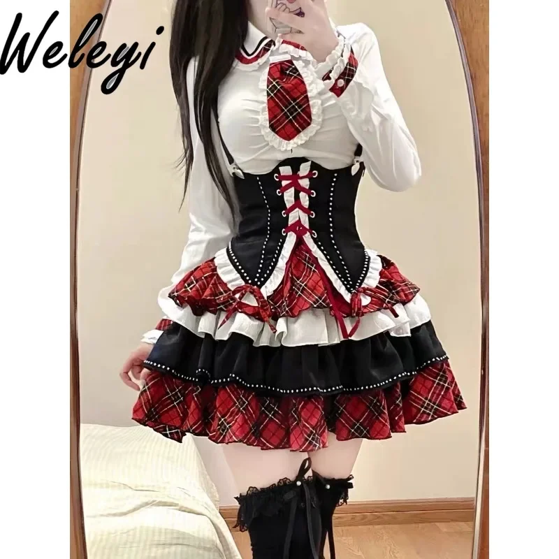 Gothic Japanese Lolita 3 Piece Set Women Plaid Patchwork Kawaii Sweet Mini Skirt Suit Female Korean Fashion Chic Y2k Outfit 2024