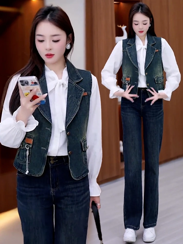 Ort-Chaleco vaquero informal para mujer, versátil, tamaño pequeño, almohadilla para el hombro, otoño, nuevo Sle, corte holgado, coreano