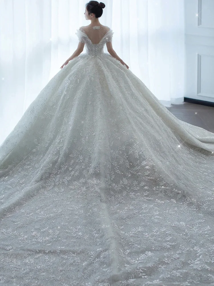 Robe de mariée perlée en cristal de luxe pour femmes, robe de mariée simple, tulle bouffant, blanc, princesse, sexy, D120, 2024