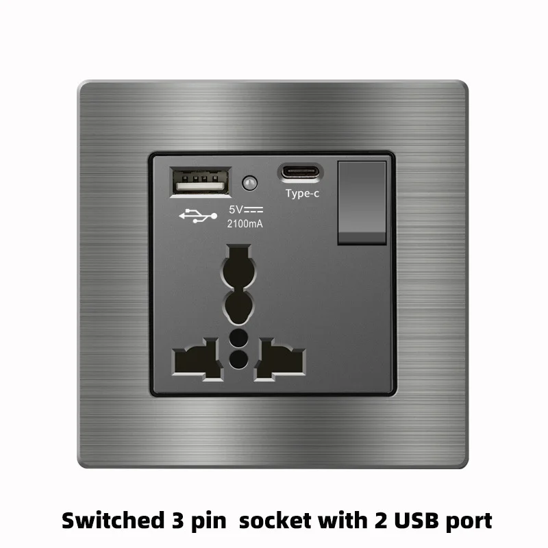 Aluminum Alloy Brushed Grey Panel Single Twin Socket with USB 3.1A Fast Charge Type C USB 13A UK Standard