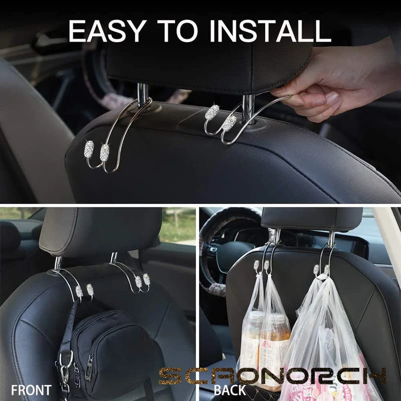 Sparkling Rhinestone Multi-Purpose Stainless Steel Car Seat Hanger Hook Car Accessories Bag Coat Holder Stand Car Organizer Rack