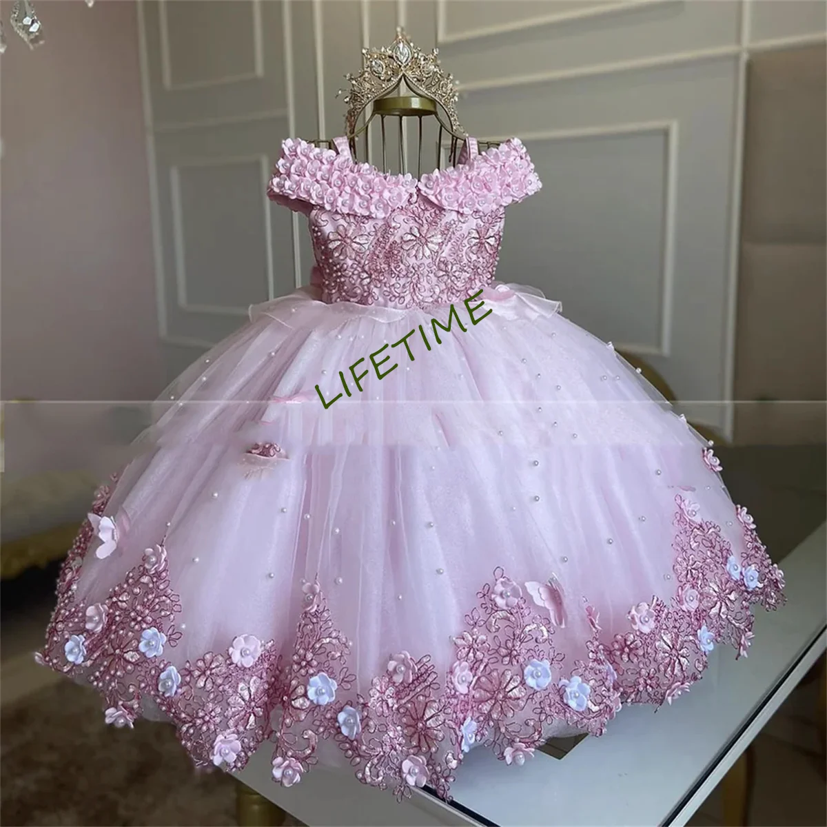 

Girl Communion Wedding For Girl Flower Girl Dresses 2023 Applique Party Dresses Girl Ball Gown Age 2-16 years Sheer Neck Lace Up