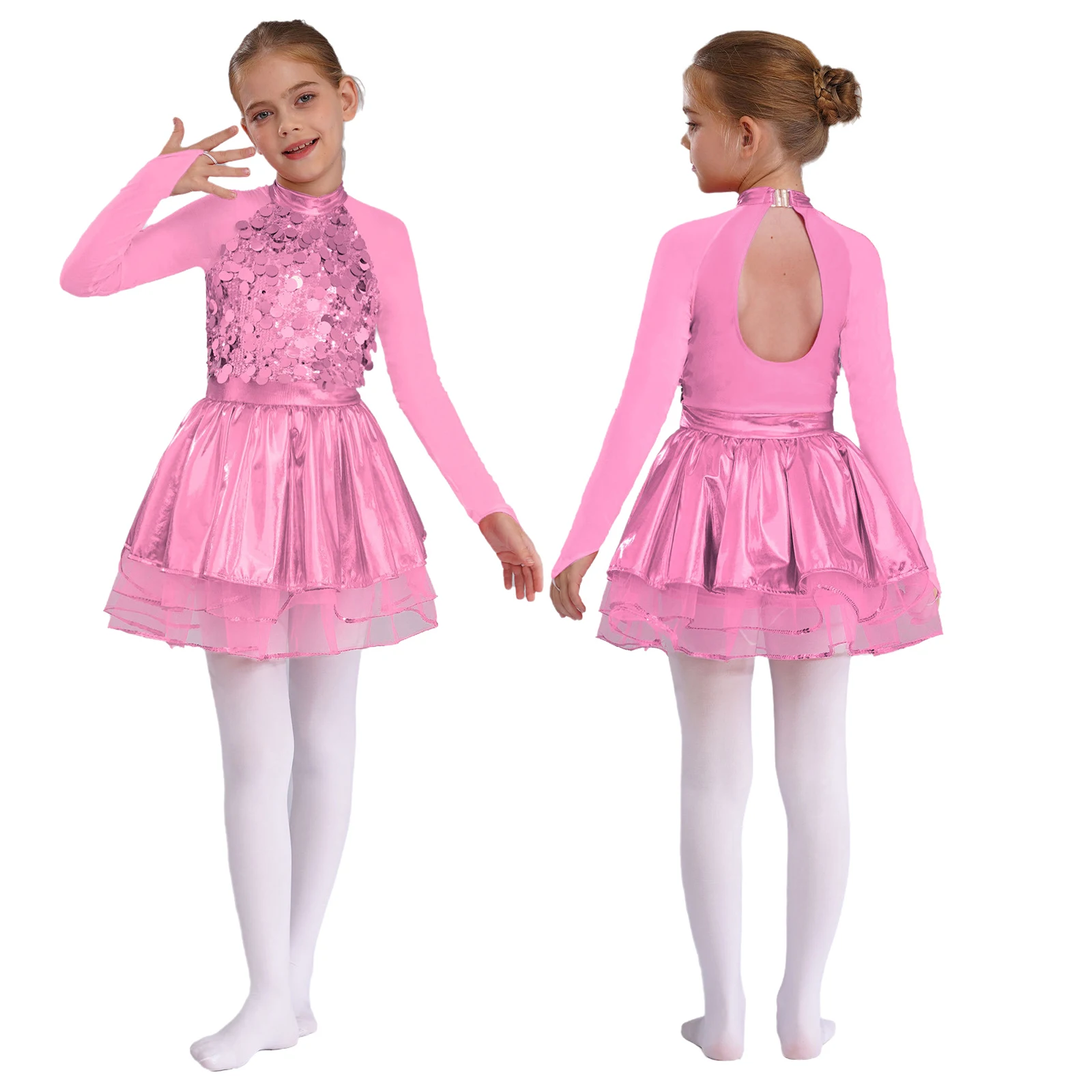 Kids Girls Jazz Dance Costume Sheer Mesh Long Sleeve Metallic Shiny Sequins Tutu Dress Leotard for Ballet Skating Gymnastics