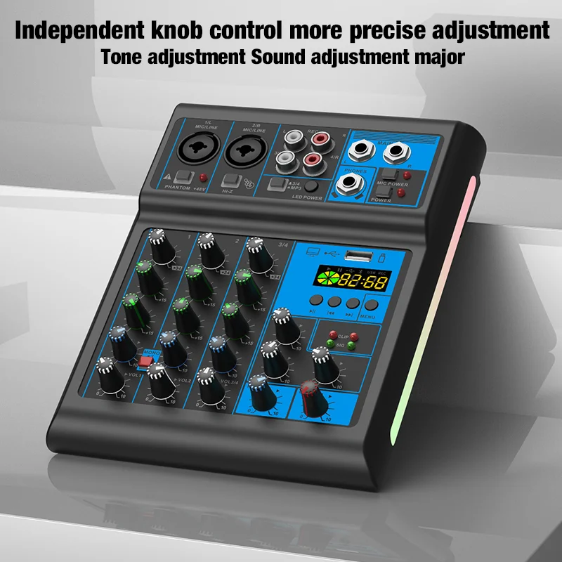 

Аудиомикшер с 2 беспроводными микрофонами, 4-канальный стереомикшерный пульт с RGB-подсветкой, BT USB для записи DJ, караоке, ПК