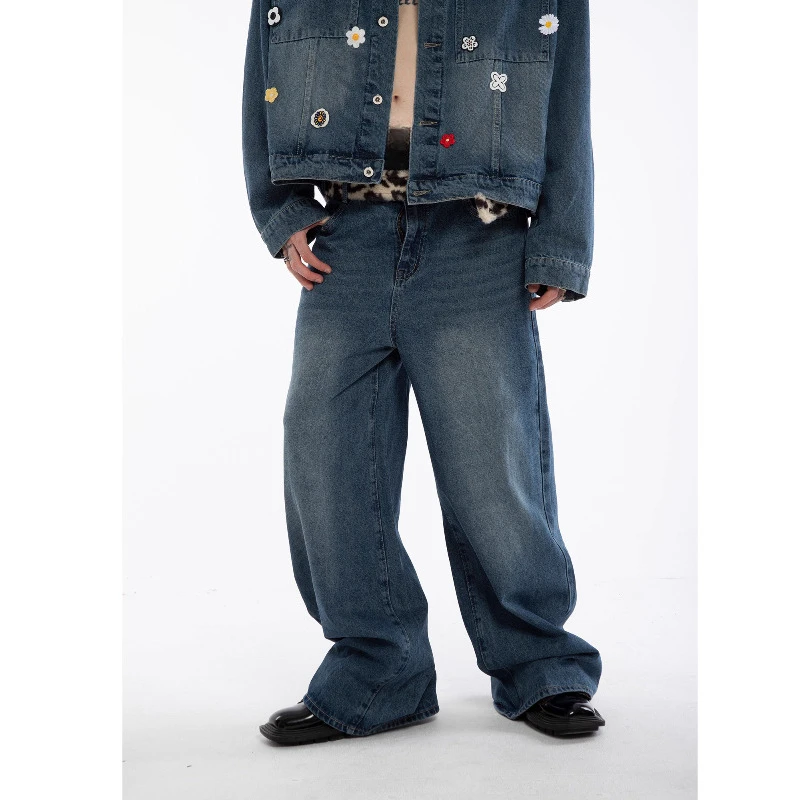 2025 Autumn New Trendy Chic 2pcs Male Three-Dimensional Flower Denim Sets High-End Retro Padded Shoulder Handsome Two-Piece Sets