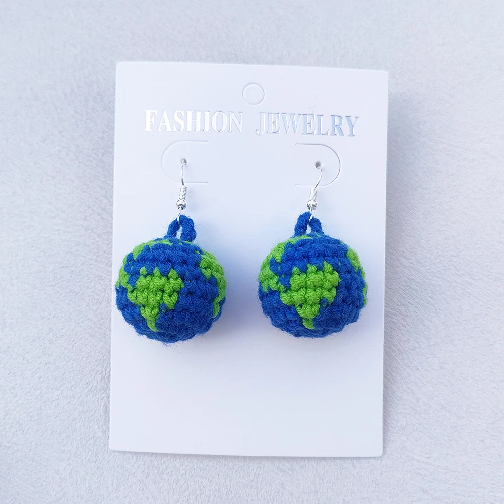 Crochet 3D Unique Earth Earrings For Women 100% Handmade Girl High Quality Globe Ear Accessories