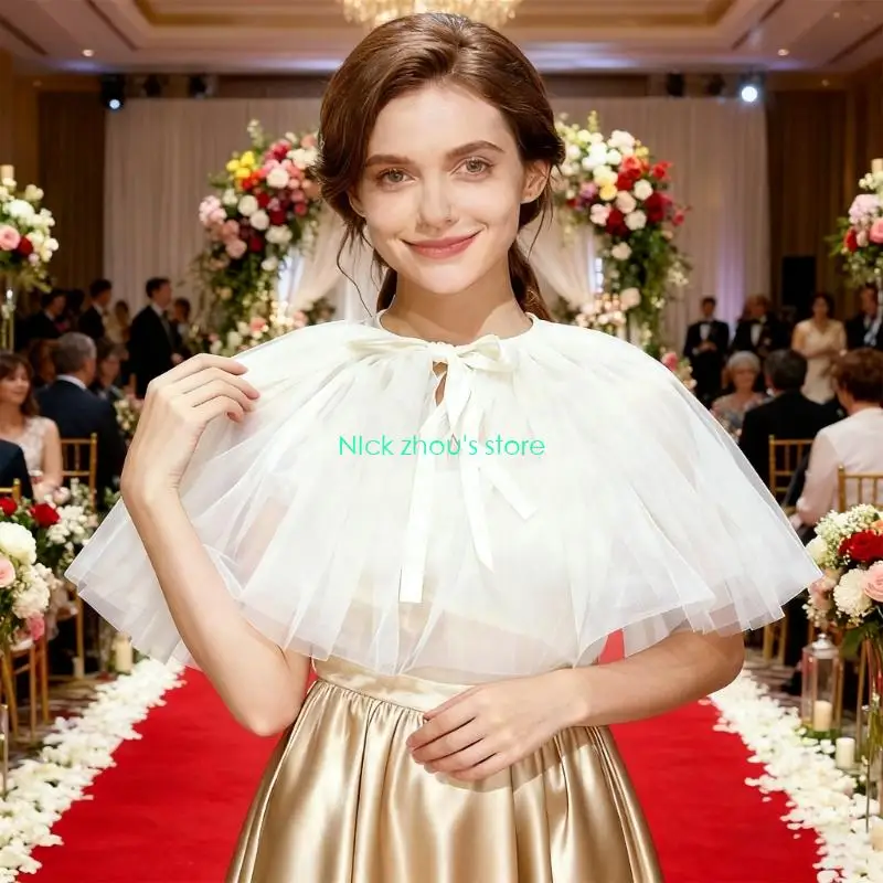 E15E زي تنكري قابل للفصل شال زفاف تول داكن تصميم مرن نسيج شبكي متجدد الهواء إكسسوار العروس