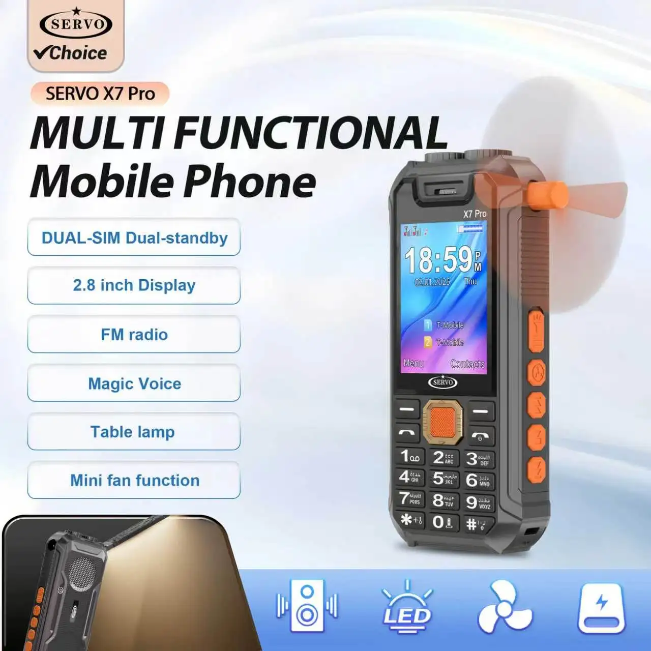 SERVO X7 PRO Mobile Phone Mini Fan Call Recording Magic Voice FM Dual SIM Standby Button Cellphones Power Bank Desk Lamp 3 in 1