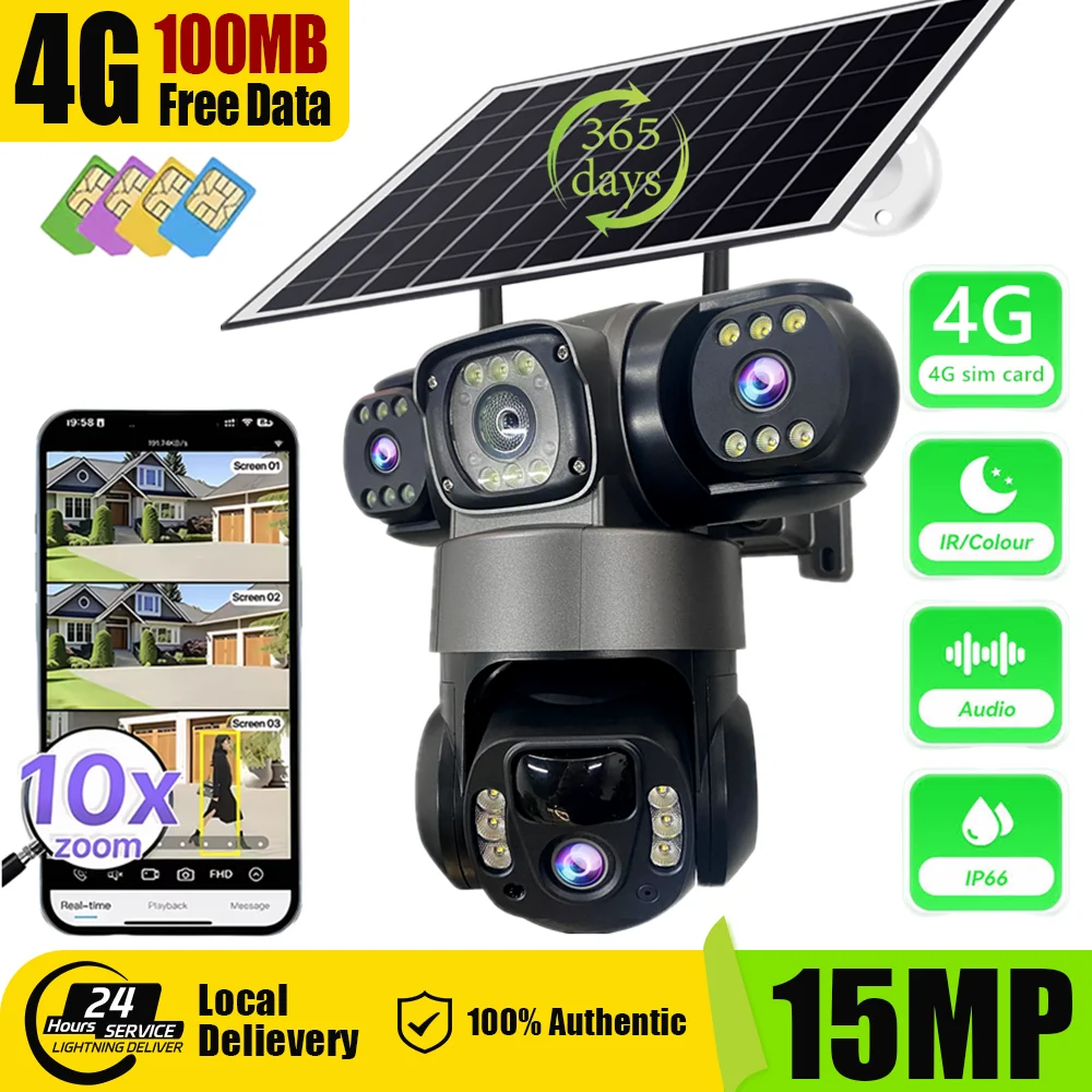 15MP Solar 4G Kamera Drei Objektiv Drei Bildschirm 10x Zoom Monitor Nachtsicht Sicherheit Schutz PTZ Video CCTV IP Überwachung