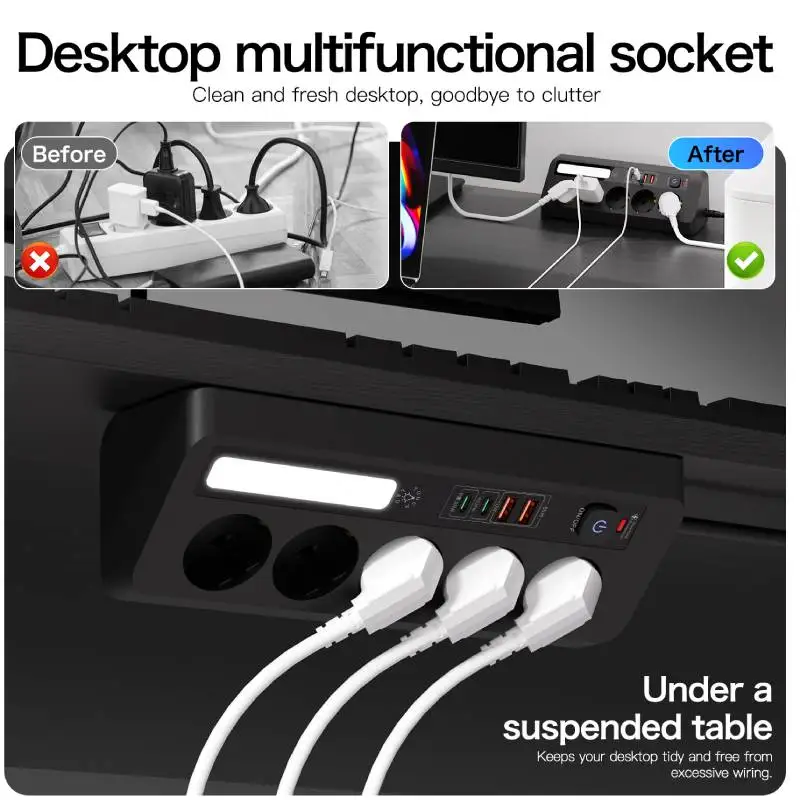 EU Plug Home Office Multiple ports Socket 5AC with LED Light Power Strip Overload Surge Protection with USB Type-C Outlets