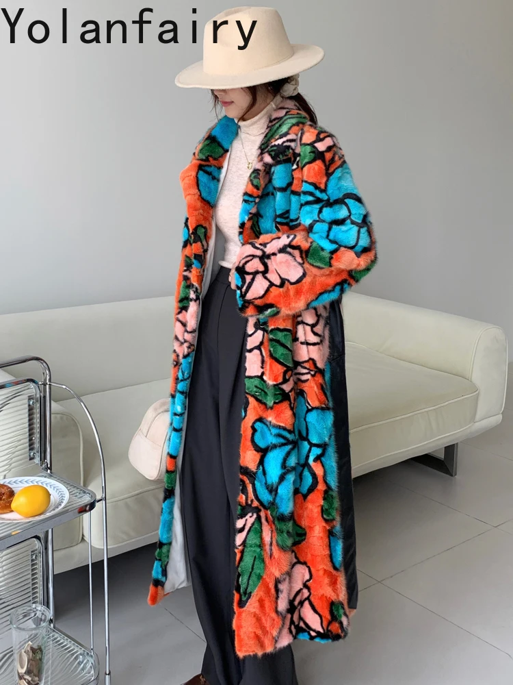 YOLANFAIRY High Quality Splicing Mink Fur Jacket Women's Clothes 2025 Winter Long Real Fur Coats Woman Printed Long Fur Coat