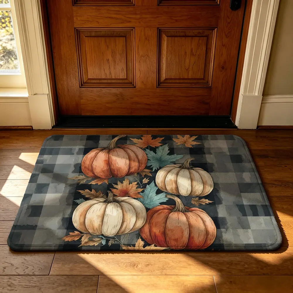 1pc retro watercolor pumpkin maple leaf entrance door mat flannel silicone dots anti-slip home decoration household use